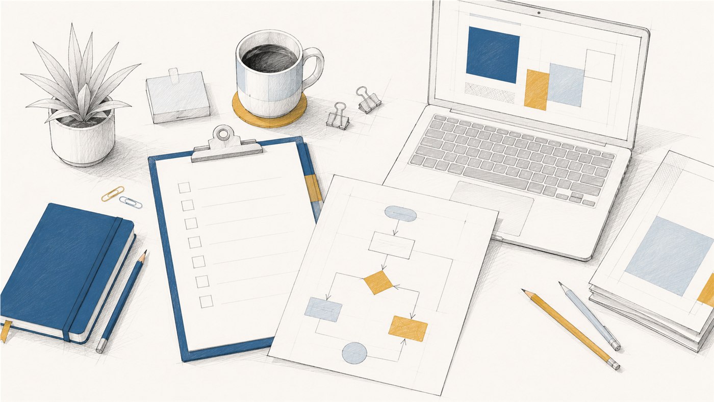 Illustration of a desk with checklists, policy notes and a workflow sketch