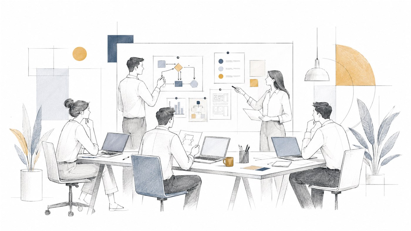 Illustration of a team mapping a practical workflow together